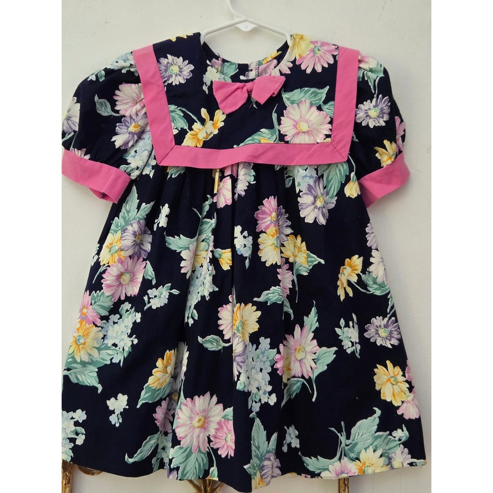 Vintage Jo Lene Floral Girls Dress Pink Sailor Collar‎ Bow Cotton Size 4